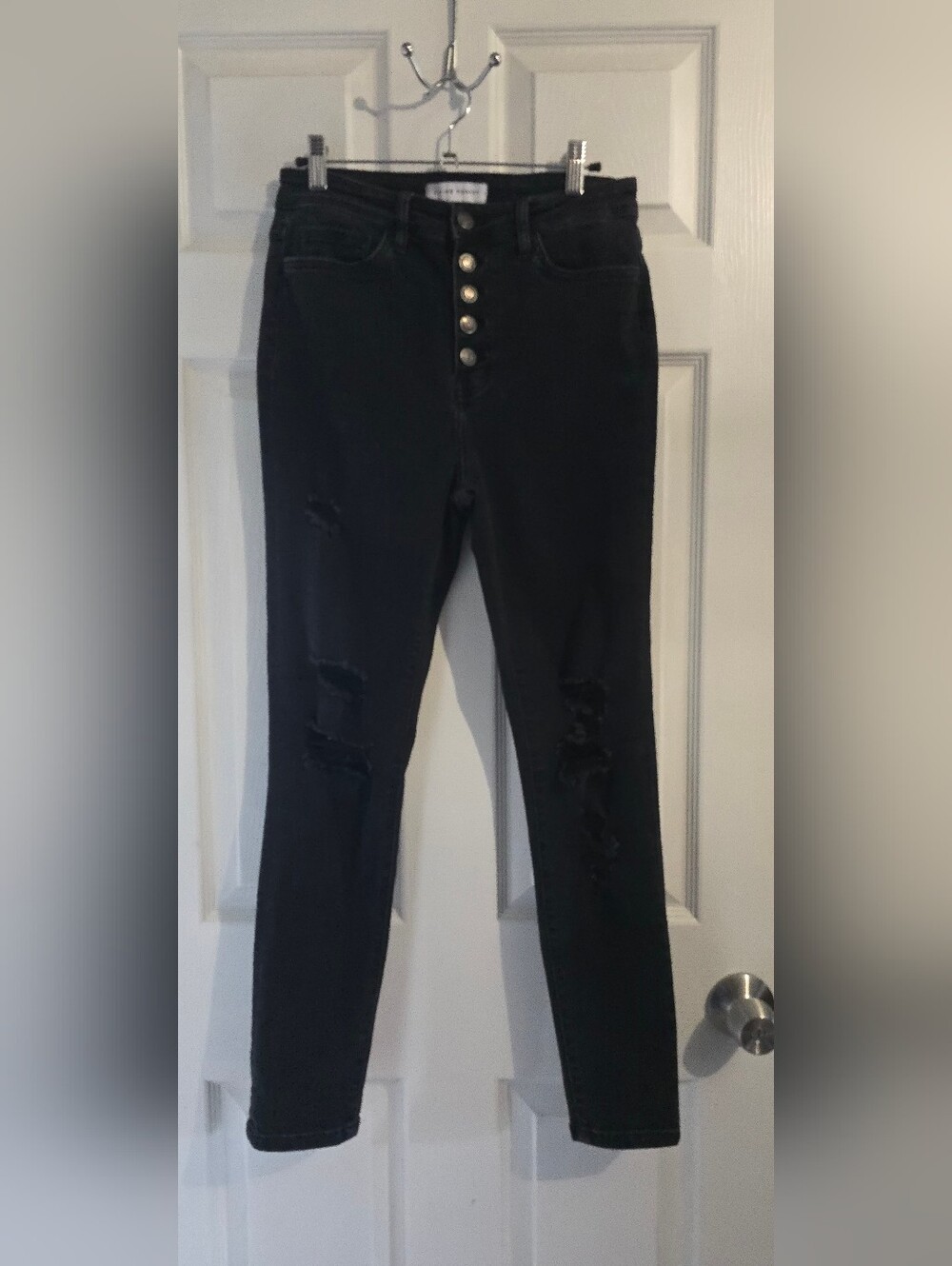 Flying Monkey Black Skinny Jeans with Button-Fly and Distressed Knees